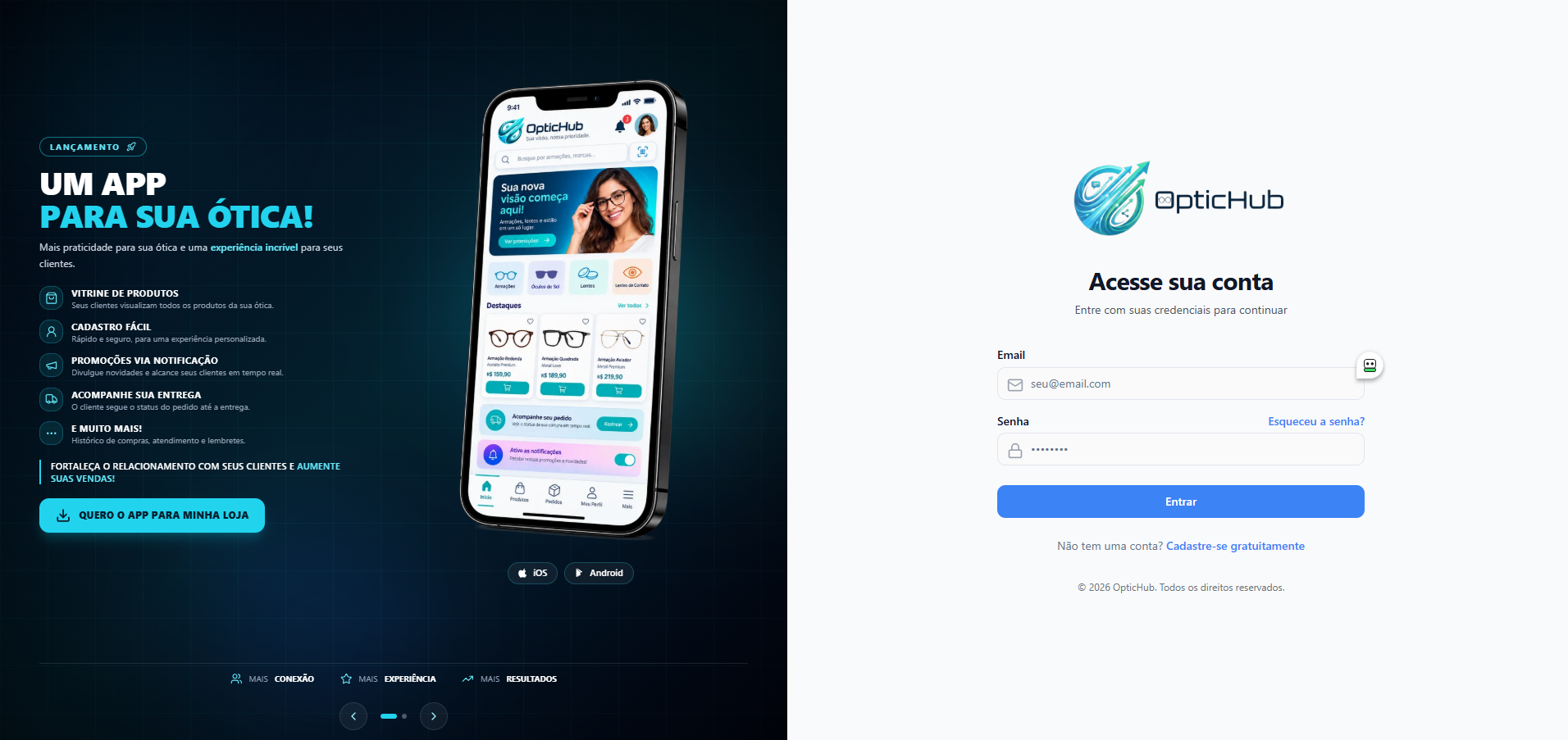 Tela real do OpticHub, plataforma de gestão para óticas